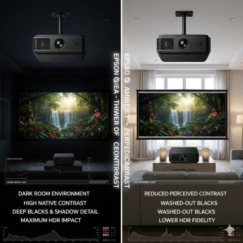 سری Epson Q: تحلیل تخصصی تاثیر کنتراست درک‌شده و روشنایی بر کیفیت تصویر HDR در محیط‌های مختلف