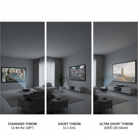 انواع پروژکتورها از نظر فاصله پرتاب استاندارد (Standard Throw): نیاز به فاصله 2 تا 4 متر برای تصویر 100 اینچ دارند. مناسب اتاقهای متوسط و بزرگ. Short Throw: در فاصله حدود 1 تا 1.5 متر تصویر بزرگ تولید میکنند. مناسب اتاقهای کوچک. Ultra Short Throw (UST): بسیار نزدیک به پرده (20 تا 50 سانتیمتر) نصب میشوند و برای محیطهای خیلی کوچک ایدهآل هستند.