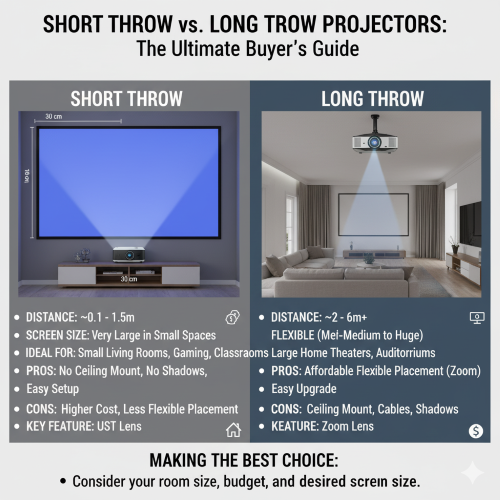مقایسه پروژکتورهای پرتاب کوتاه و پرتاب بلند: راهنمای بهترین انتخاب