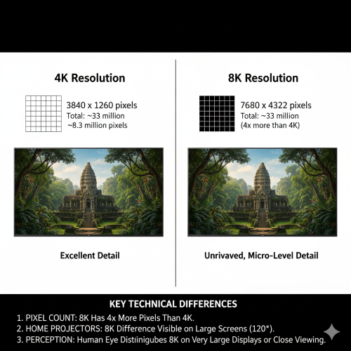 تفاوت فنی بین 4K و 8K رزولوشن 4K: رزولوشن 3840×2160 پیکسل است و در مجموع حدود 8.3 میلیون پیکسل تصویر تولید می‌کند. رزولوشن 8K: رزولوشن 7680×4320 پیکسل است و تقریباً 33 میلیون پیکسل دارد؛ یعنی چهار برابر جزئیات بیشتر نسبت به 4K. تراکم پیکسلی: در پروژکتورهای خانگی تفاوت 4K و 8K بیشتر در اندازه‌های خیلی بزرگ (مثلاً 120 اینچ به بالا) قابل مشاهده است. در تصاویر کوچک‌تر، چشم انسان به‌سختی این اختلاف را تشخیص می‌دهد.
